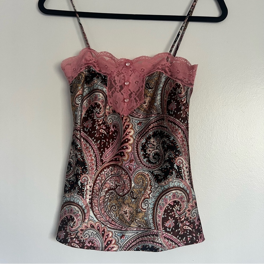 Y2k lace trim cami / spaghetti strap tank top paisley print silky fabric